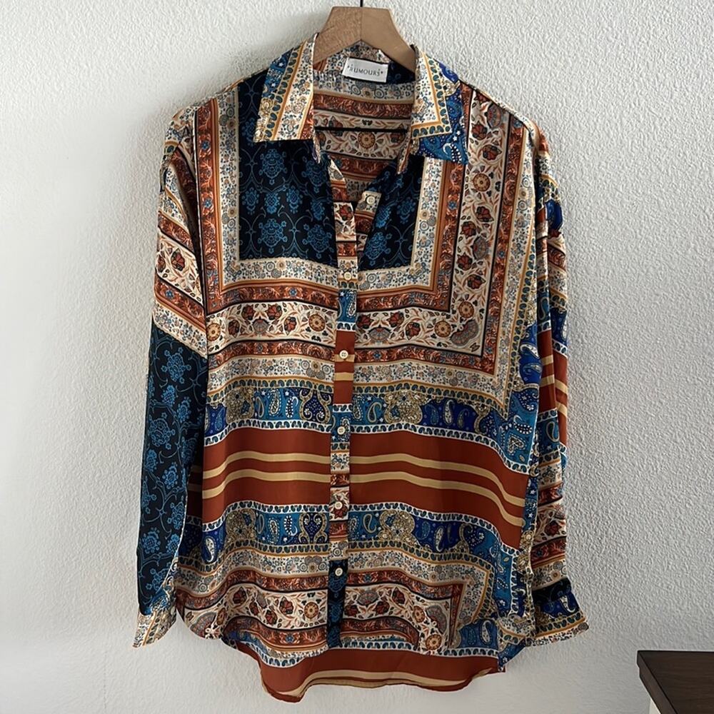Rumours Handkerchief Front Button Silky Collared Top Oversized Boho Layering